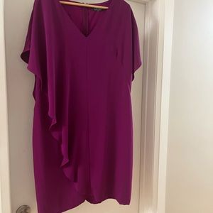 Purple Ralph Lauren dress with V neck, short flowy sleeve, above the knee.
